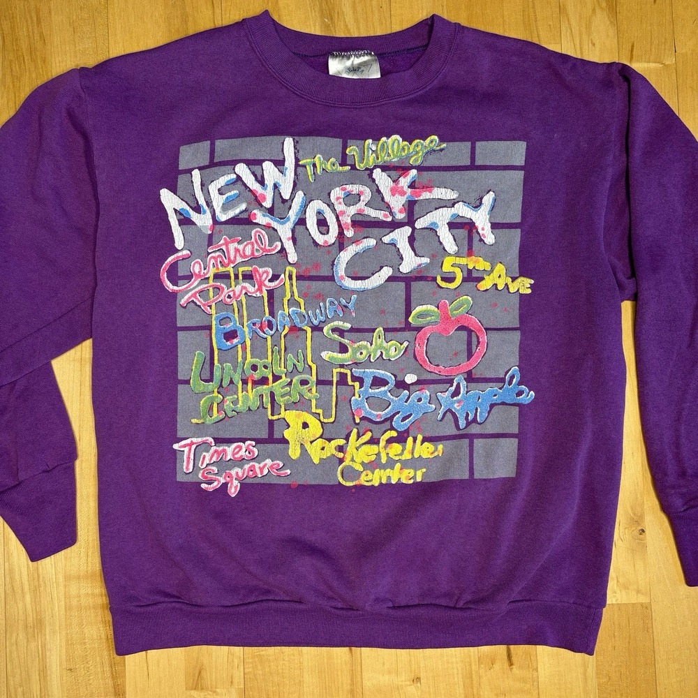 Vintage 90s Graphic New York City Pop Art Sweatshirt Crewneck Purple 80s